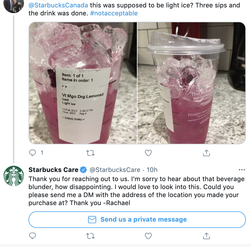 Starbucks addressing a customer complaint