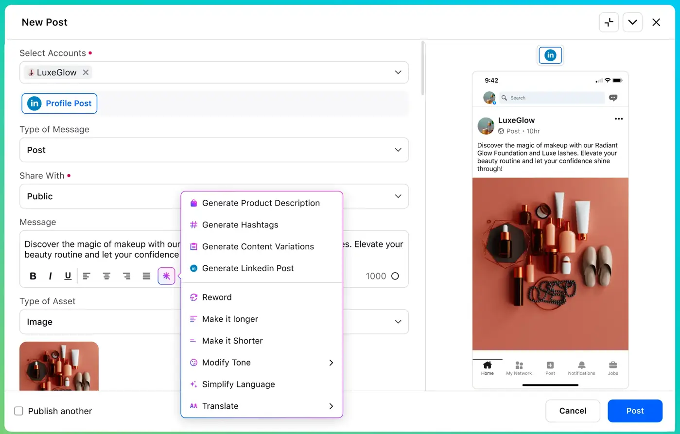 Sprinklr Social window showing a LinkedIn post creation workflow