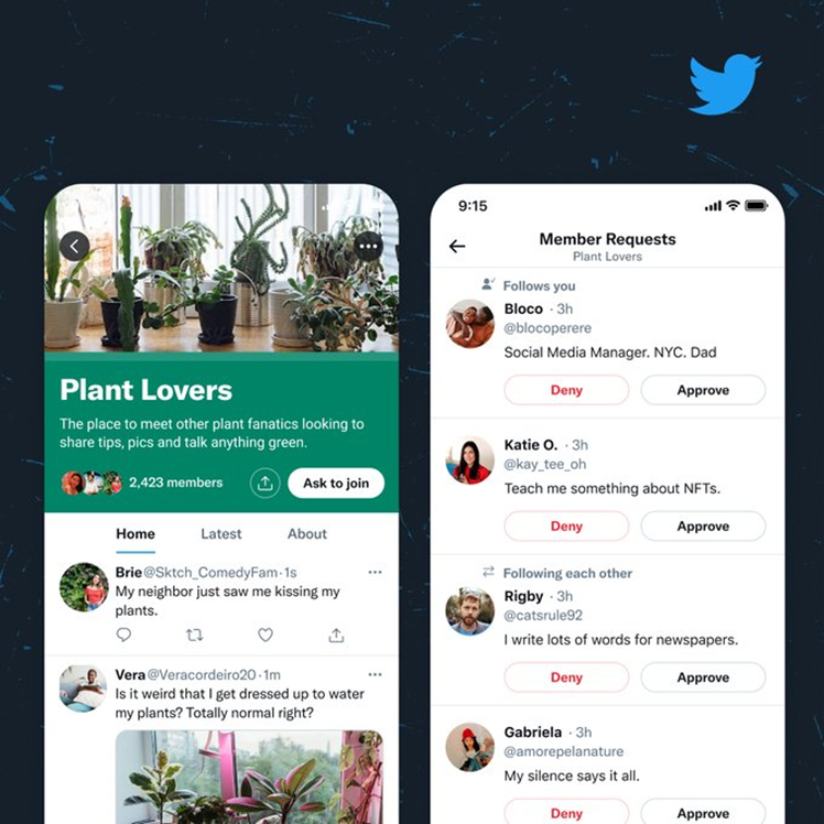 The home page of a Twitter community for plant lovers alongside a member requests list.