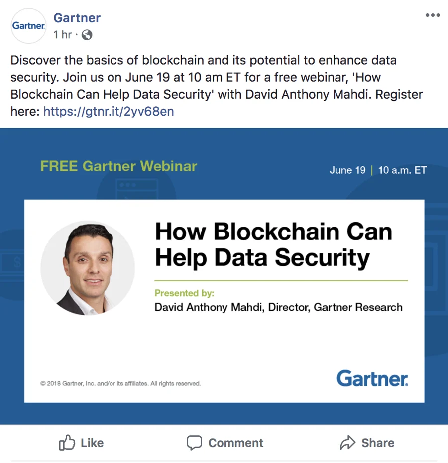 Gartner promoting a webinar on Facebook about how blockchain can help data security