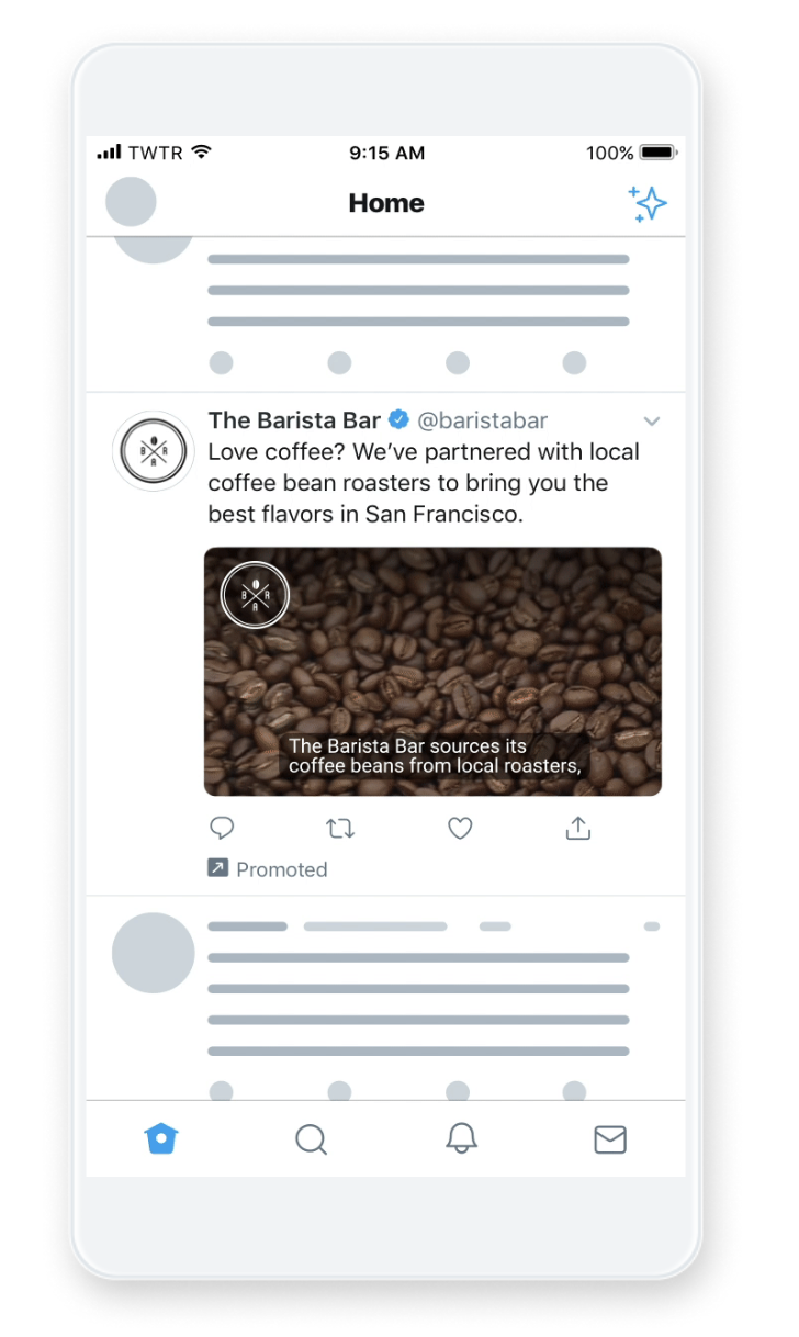A mobile screenshot showing a Twitter Video Ad by the brand The Barista Bar.