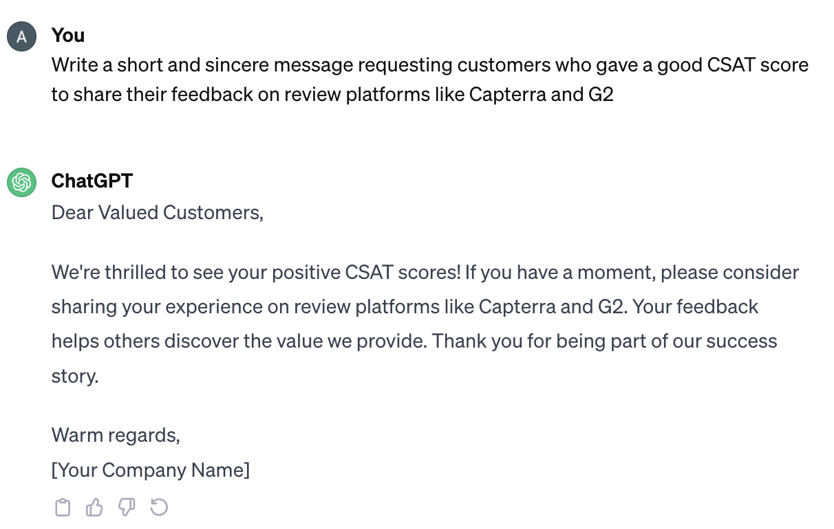 Collect feedback chatGPT prompt for customer service