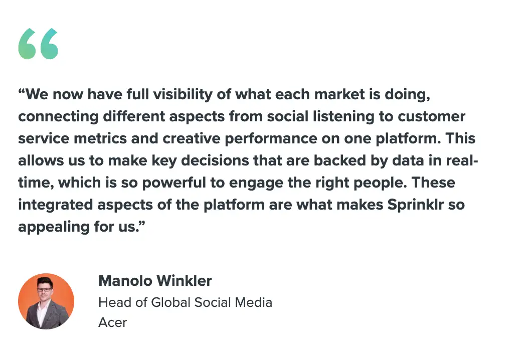 Screenshot of testimonial by Manolo Winkler, Head of Global Social Media, Acer
