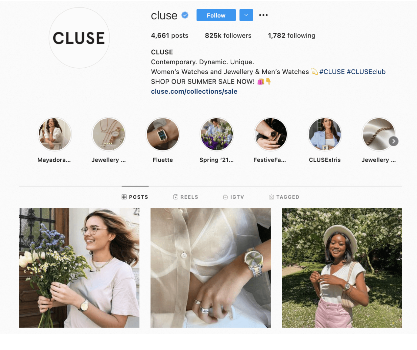 CLUSE's Instagram account showcasing a variety of women's and men's watches.