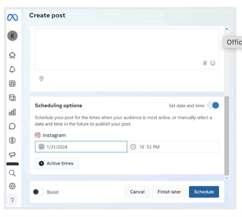 Scheduling options being displayed on Meta Business Suite-s Create post page