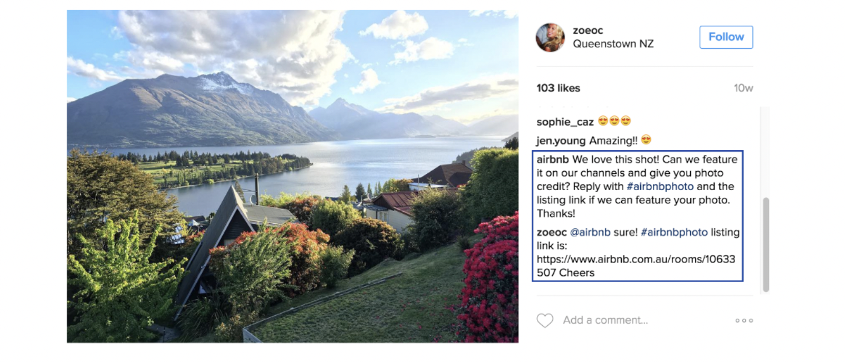 An Instagram post from Airbnb showcases how the brand incorporates  user-generated content strategy to engage customers.