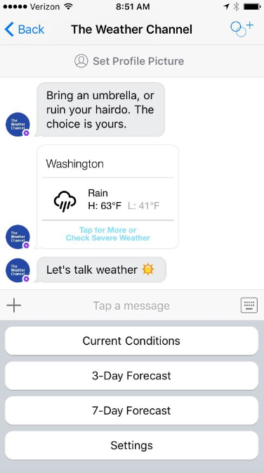 An image showing how the Weather channel uses weather bot to notify about the forecasts