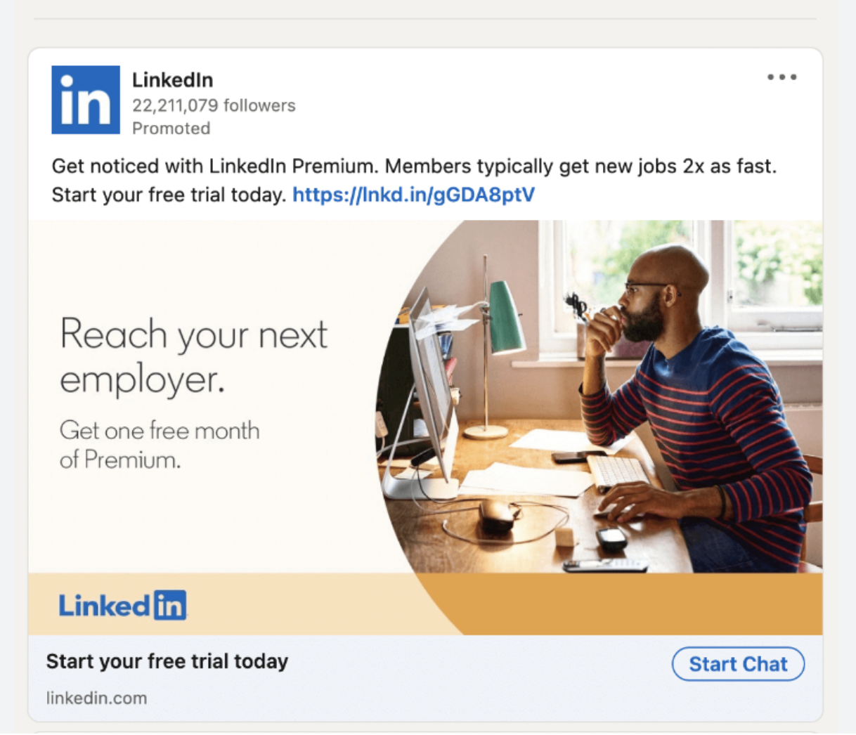 A visually appealing LinkedIn ad crafted by the company to entice users into subscribing to their premium services.