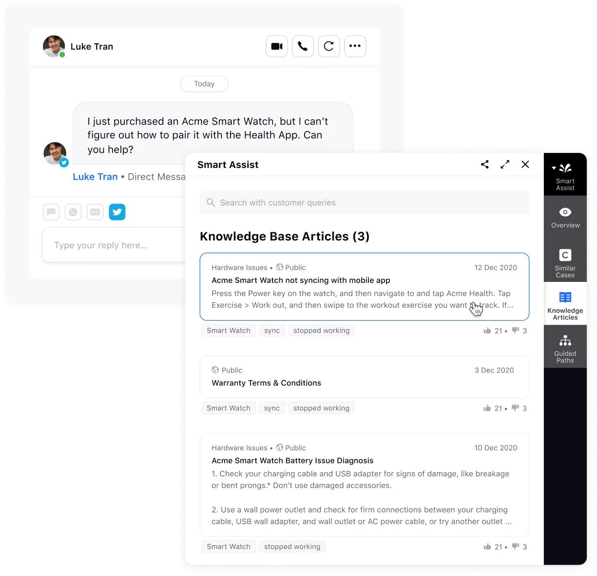 Sprinklr AI suggests Knowledge Base articles during conversations