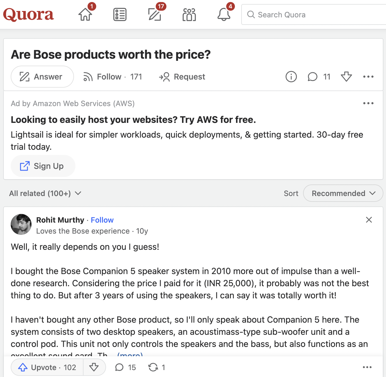 A customer enquiring about the quality and pricing of Bose products on Quora.