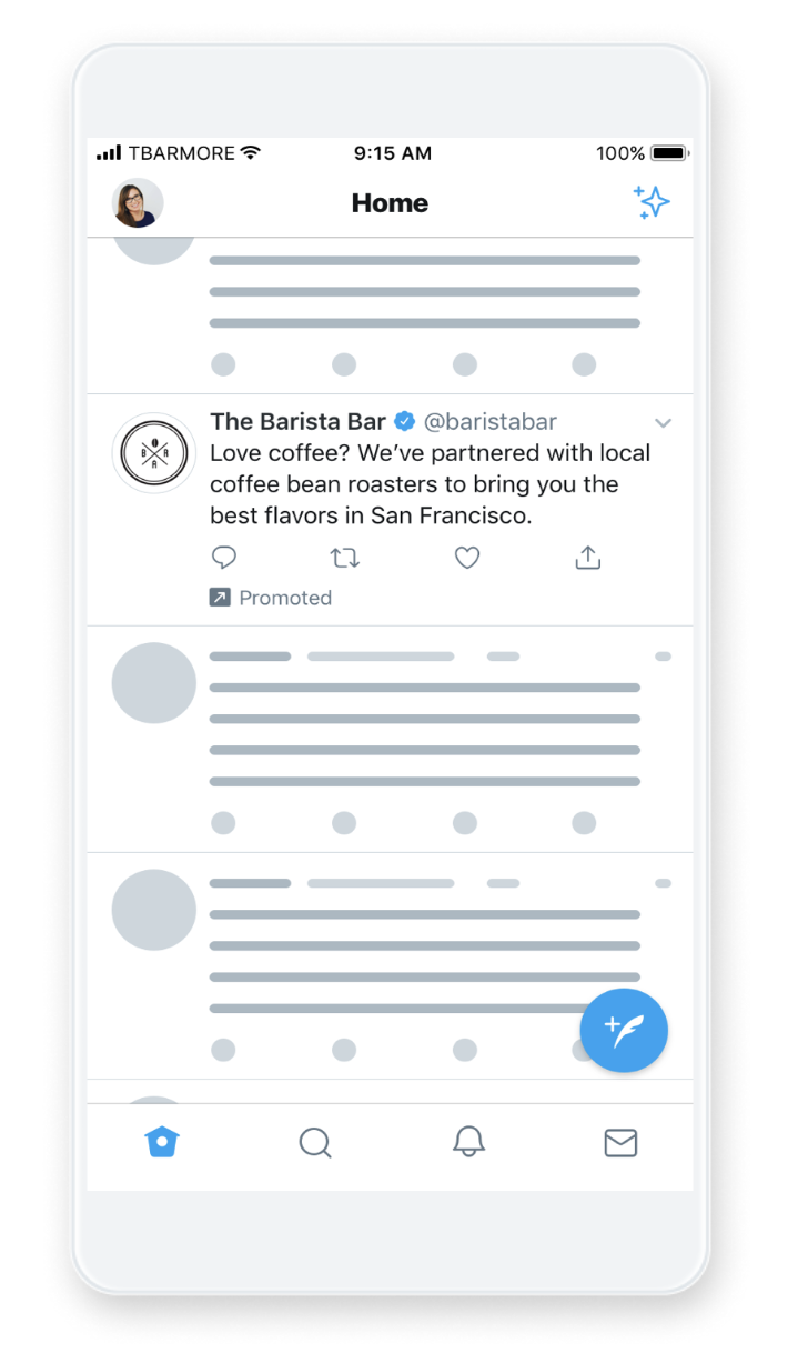 A mobile screenshot showing a Twitter Text Ad by the brand The Barista Bar.