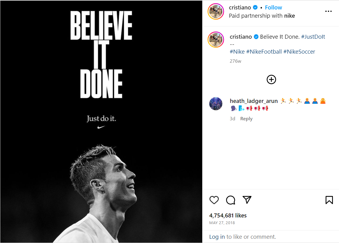 A paid partnership post with Nike on Cristiano Ronaldo’s Instagram account