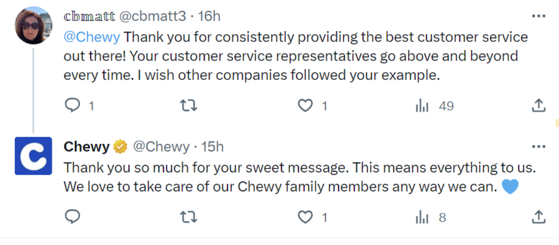 Customer praising Chewy for providing good customer service