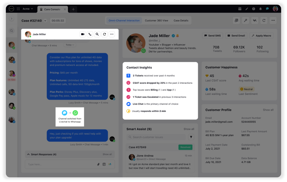 Sprinklr unified agent desktop with  contact insights