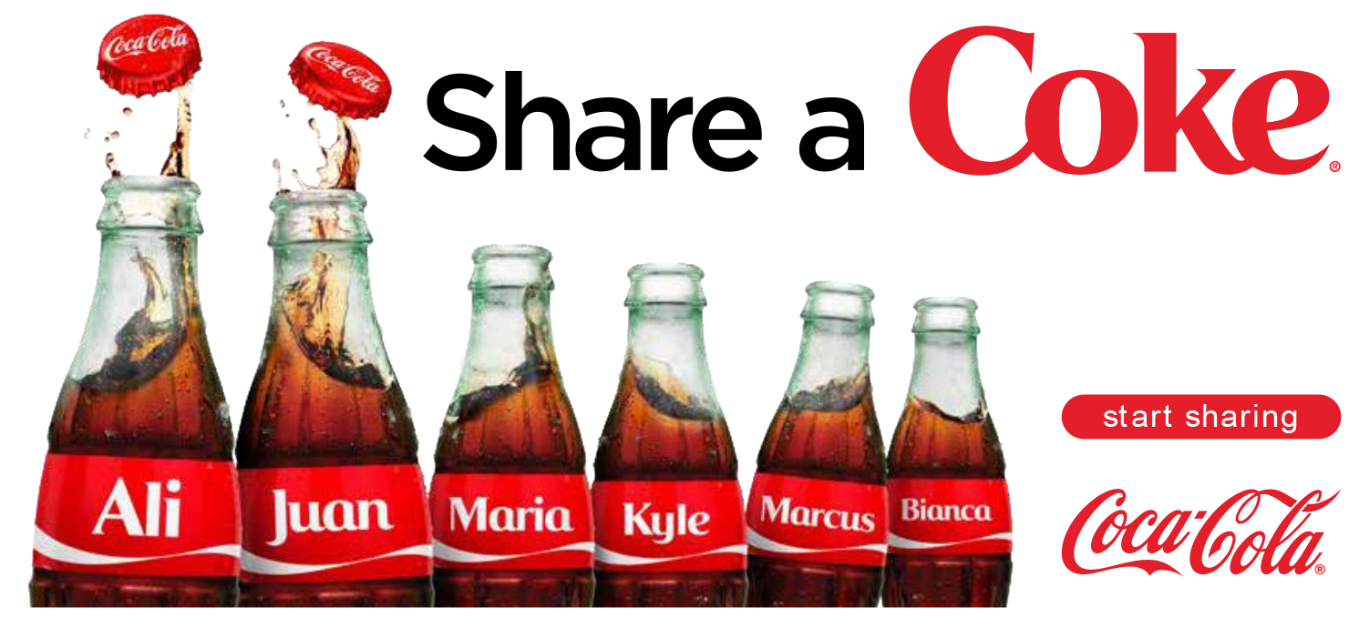 A promotion creative from the Share a Coke campaign that features multiple personalized Coke bottles with names of various individuals, like Ali and Maria.