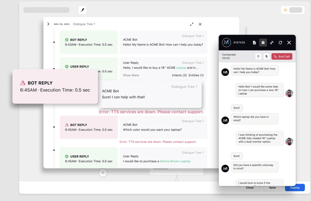 A Sprinklr conversational interface displays personalized responses, wait and execution times.