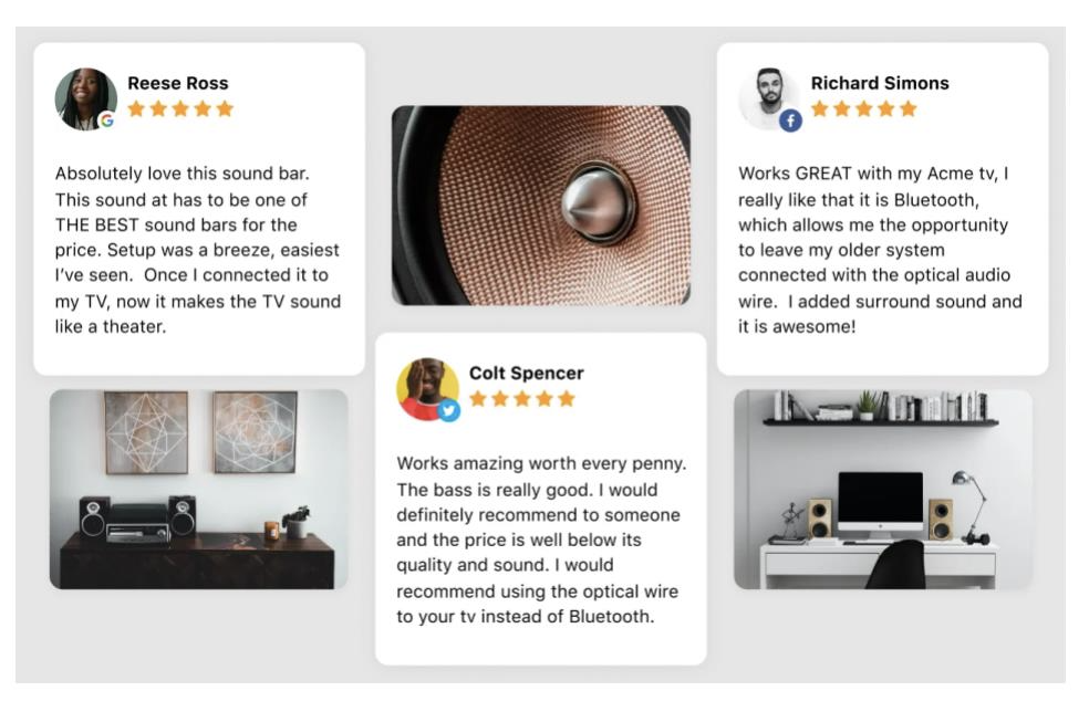 A collage of customer comments from three popular sources namely Google reviews, Twitter and Facebook.