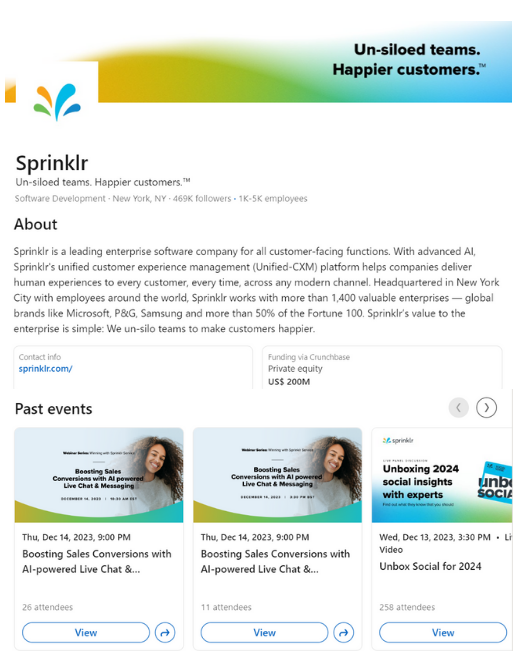 Sprinklr's About page on Linkedin showcasing the company's past events