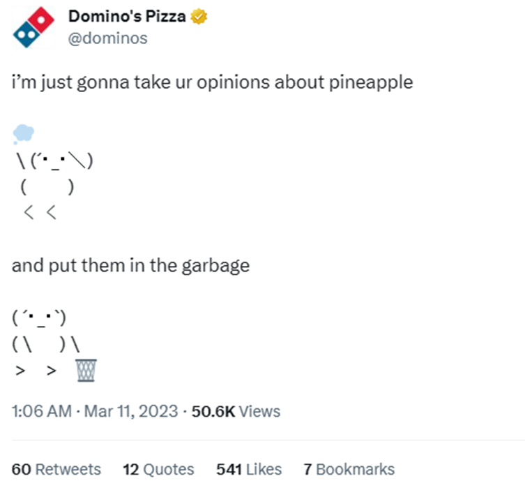 A tweet by Domino's where punctuations are used to draw a figure picking up garbage and throwing it in the dustbin.