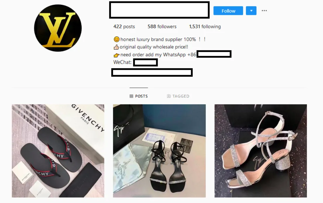 A counterfeit fashion brand's Instagram account