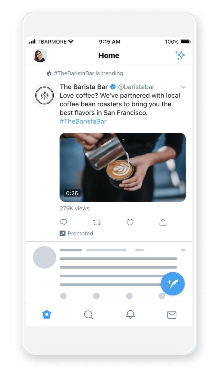 A mobile screenshot showing a Twitter Takeover Ad by the brand The Barista Bar.