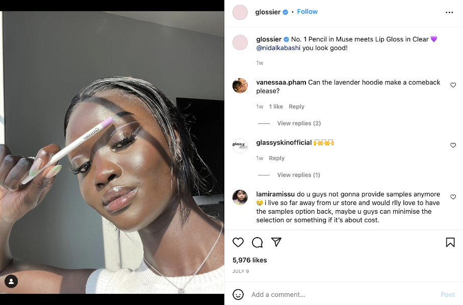 Glossier's Instagram post featuring a fashion influencer