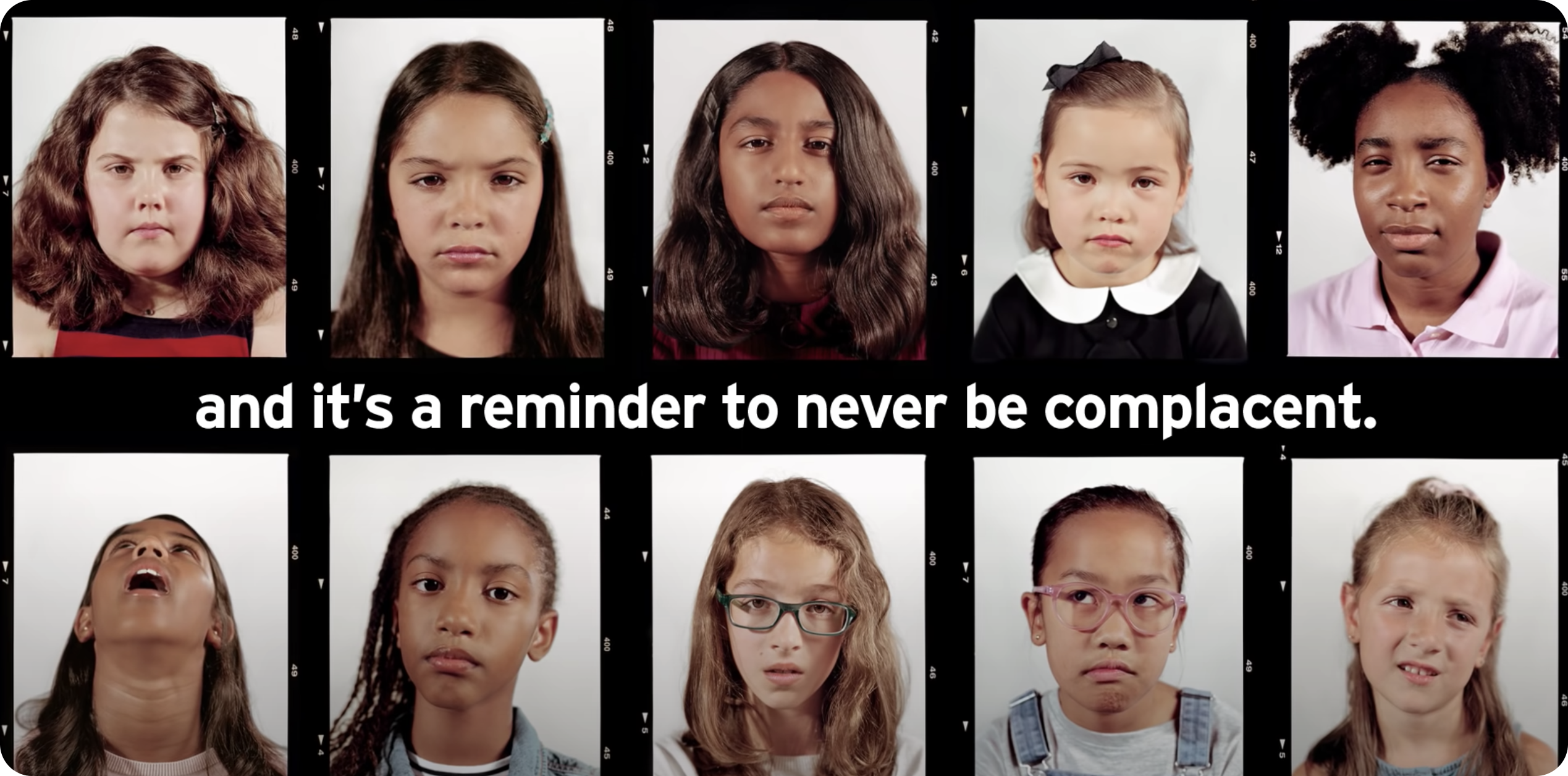A screengrab from Citibank's The Moment #itsabouttime video on YouTube, showing eight young girls' faces expressing different emotions. The text in the middle reads, "We should all feel this way."
