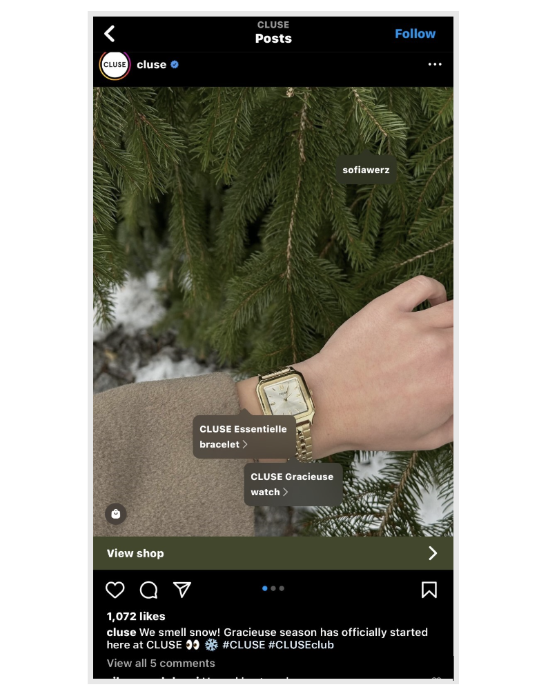 A CLUSE product carousel on Instagram displaying the View shop button under its first image.
