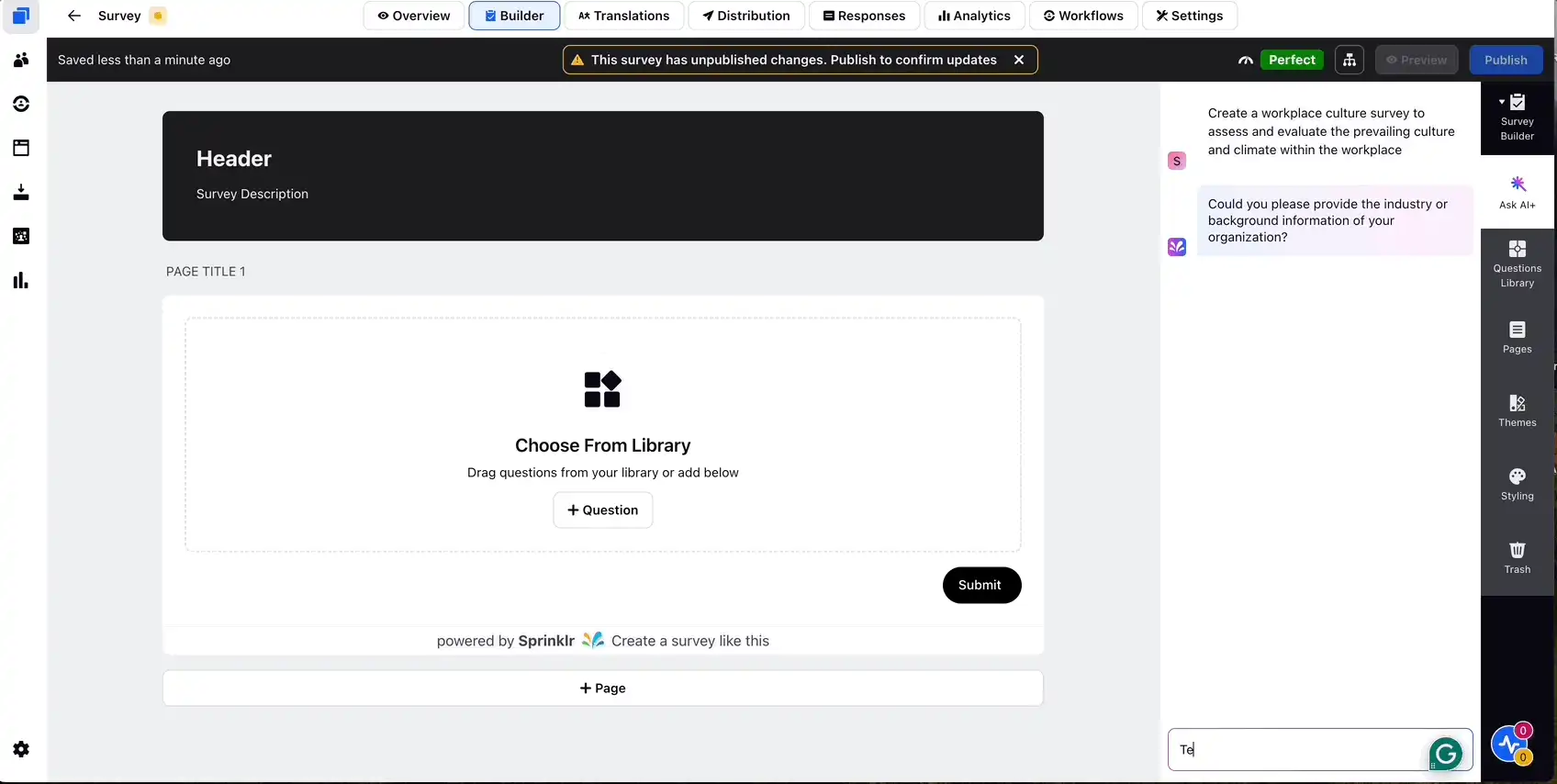 Sprinklr has every tool to build ready-to-deploy brand awareness surveys using simple AI prompts