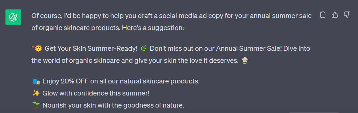 Social media ad copy that ChatGPT generated for an organic skincare brand-s summer sale