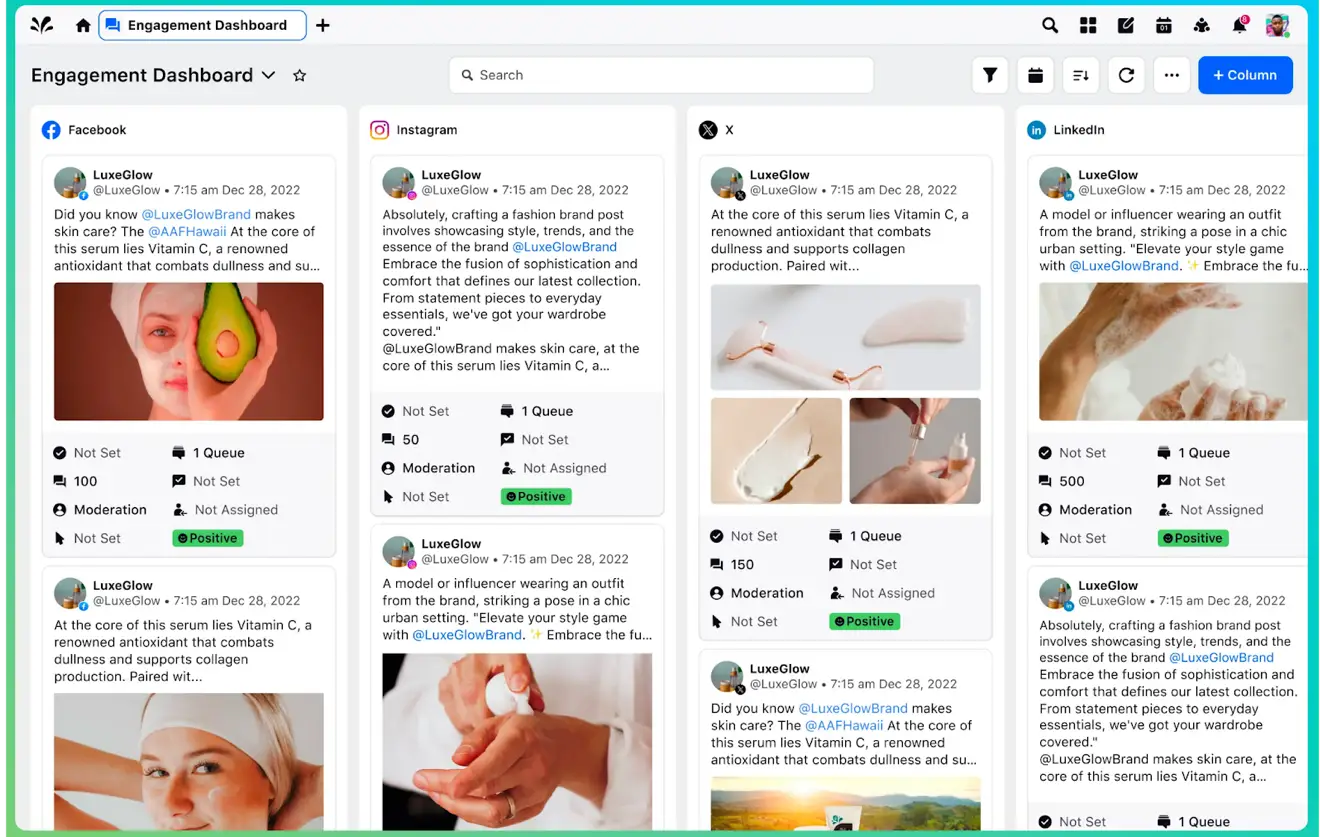 Sprinklr Social dashboard showing unified metrics for social media campaign performance across multiple platforms.