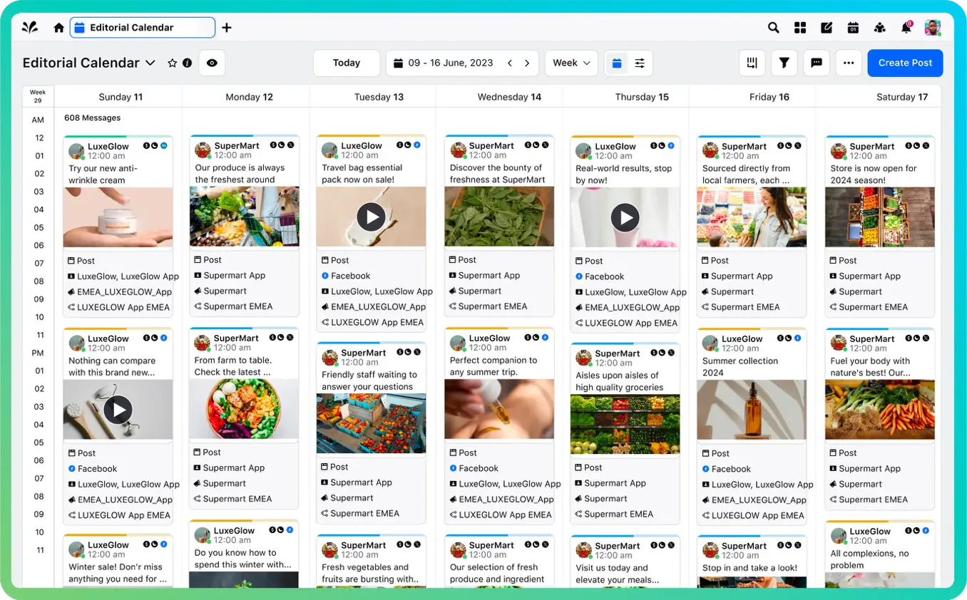 Sprinklr's Content Marketing suite displays AI topic suggestions and performance dashboards tracking engagement and impact