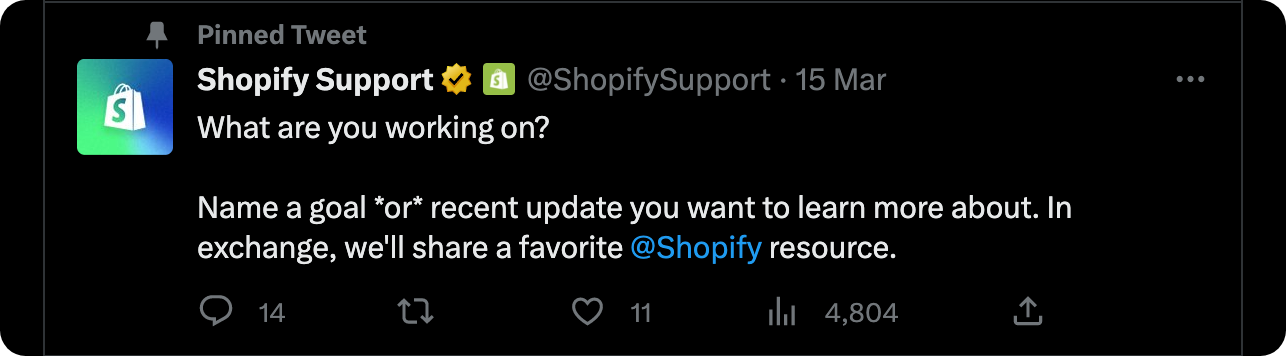 A screenshot from Shopify's Twitter account that shows the company promoting self-help resources