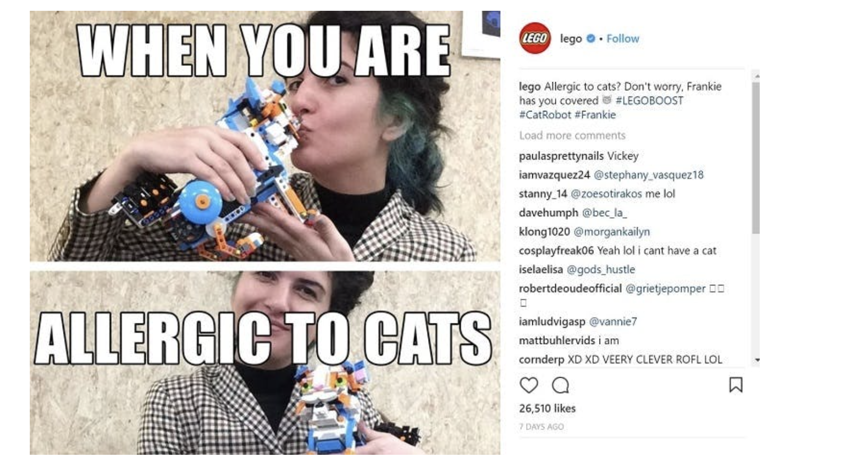 An Instagram post from LEGO showcases how the brand loves to experiment with different types of content and injects humor into content to attract both adults and kids