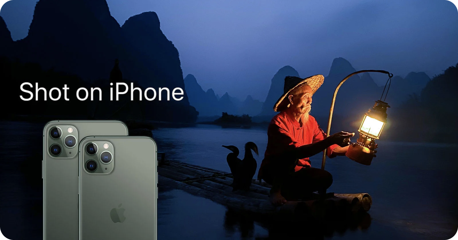 An image showing an East Asian fisherman sitting on a raft and stoking a lantern. To the left of the image, there's an iPhone that's partly on top of another, with a caption above that reads, "Shot on iPhone