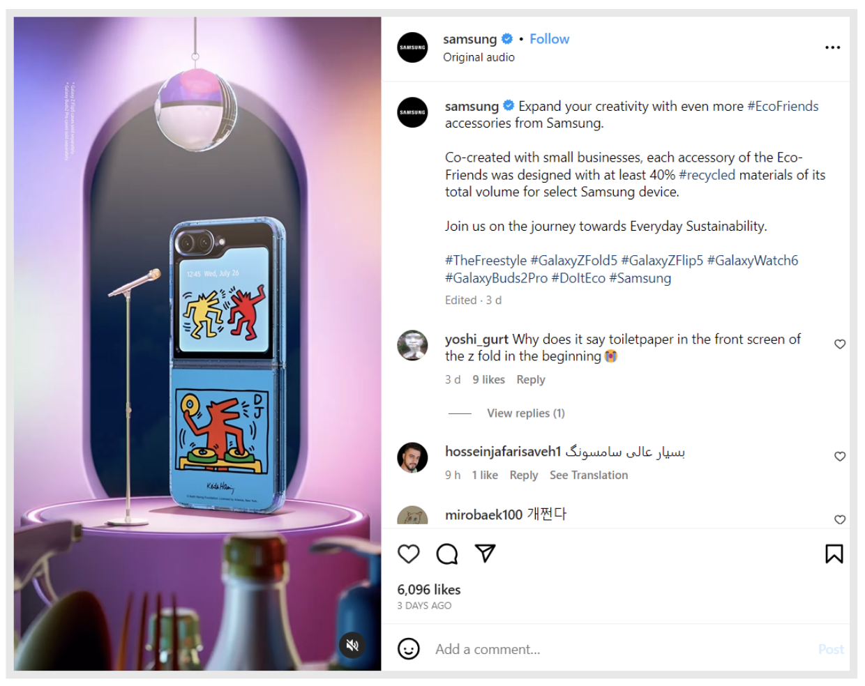 An Instagram post by Samsung promoting its Eco-Friends line of accessories
