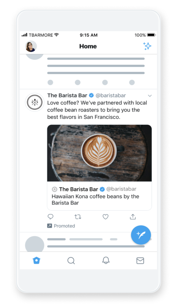 A mobile screenshot showing a Twitter Moment Ad by the brand The Barista Bar.