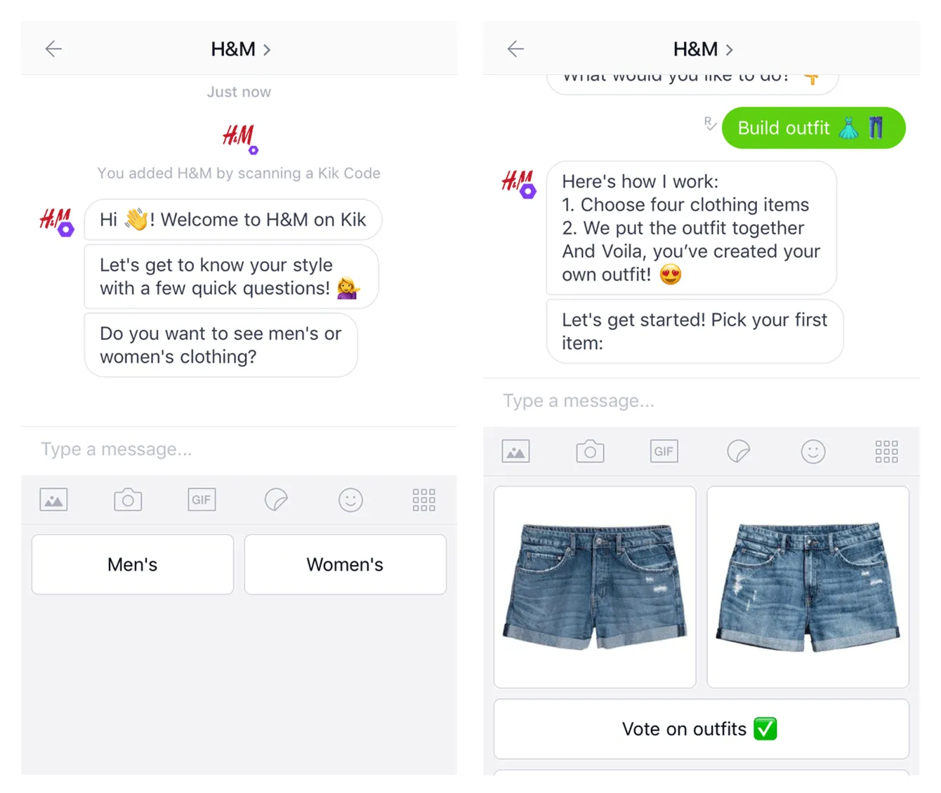 H&M's chatbot in action on the messaging platform Kik