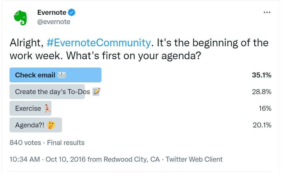 A Twitter poll post by Evernote that's asking users what their week's first agenda