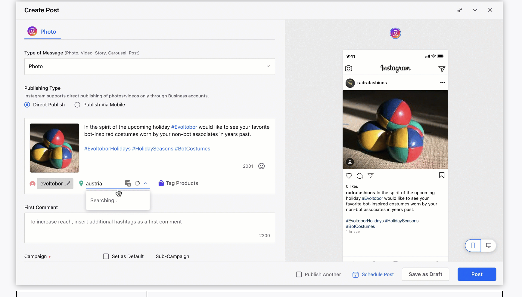 Add location option on Sprinklr dashboard for Instagram posts