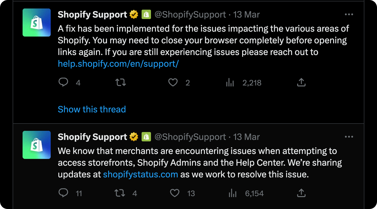 An screenshot from Shopify's Twitter account showing how quickly the company acts to fix website bugs and downtimes