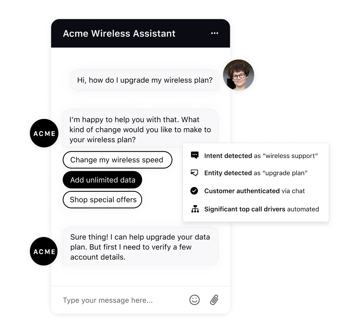 Image showcasing a conversational AI chatbot as Acme wireless assistant helping a customer.