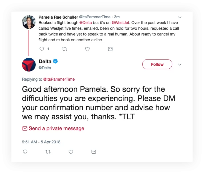 Delta Airlines tactfully handling a frequent complaint.