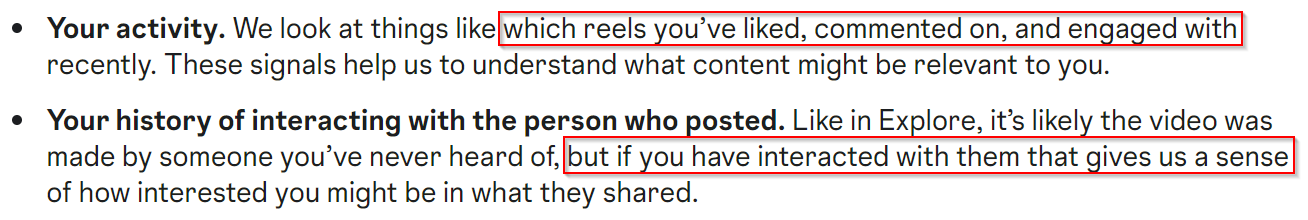 Instagram's explanation of how their algorithm promotes content based on user engagement. 
