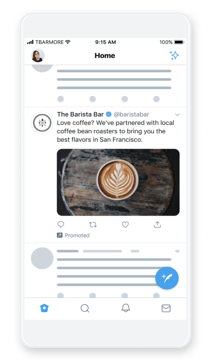 A mobile screenshot showing a Twitter Single Image Ad by the brand The Barista Bar.