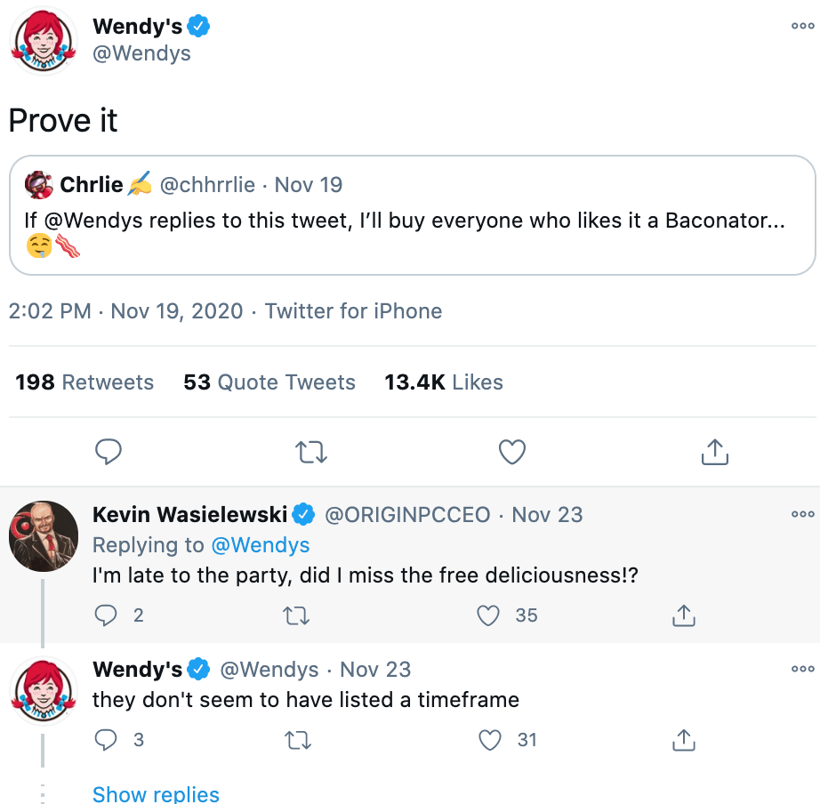 A tongue-in-cheek reply by Wendy's to a Tweet by a user