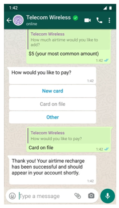 A WhatsApp business chat with interactive list buttons with different payment options