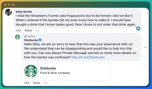 An example of Starbucks prompt social customer service on Facebook