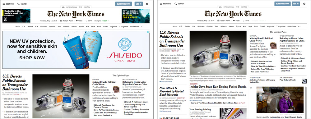 The New York Times website viewed without ad blockers (left) and with Adblock Plus (right).