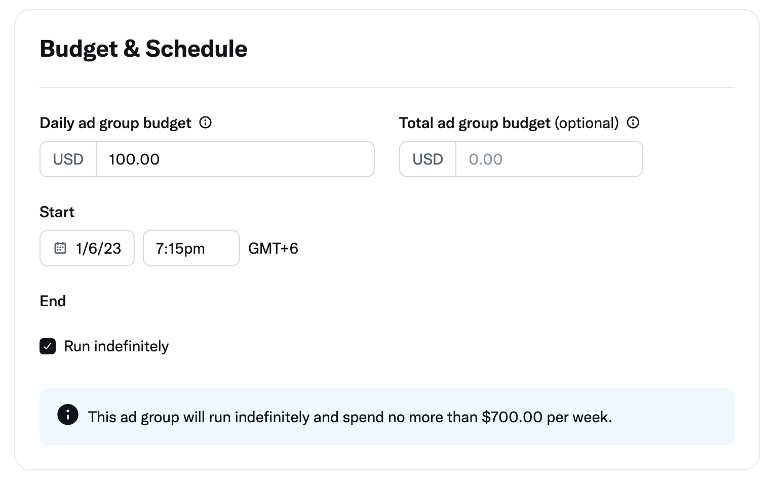 A screenshot of the Twitter ad interface's budget and schedule page, where users can define the daily and total ad group budgets as well as the duration of the campaign.